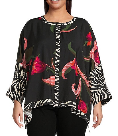 Ali Miles Plus Size Woven Floral Zebra Multi Print Round Neck Long Dolman Sleeve Button Front Tunic