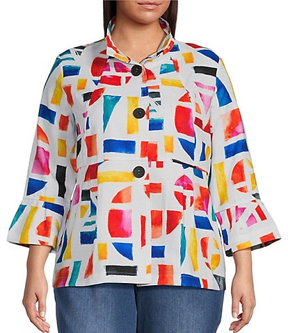Ali Miles Plus Size Woven Geometric Abstract Print Wire Collar 3/4 Bell Sleeve Button-Front Tunic