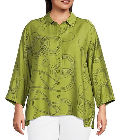 Ali Miles Plus Size Woven Geometric Print Point Collar 3/4 Sleeve Button-Front Tunic
