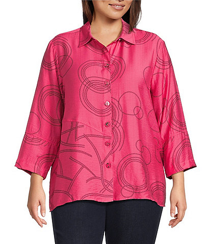 Ali Miles Plus Size Woven Geometric Print Point Collar 3/4 Sleeve Button-Front Tunic