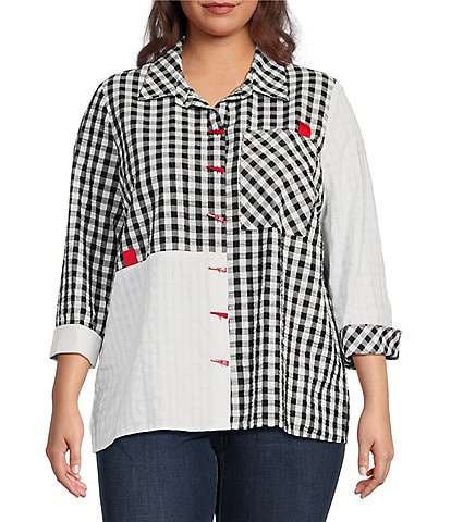 Ali Miles Plus Size Woven Gingham Patchwork Print Point Collar 3/4 Sleeve Button-Front Tunic