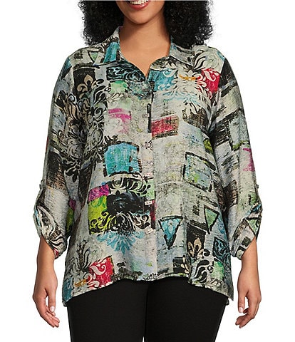 Ali Miles Plus Size Woven Impasto Abstract Print Point Collar 3/4 Roll-Tab Sleeve Hi-Low Hem Button-Front Tunic