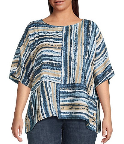 Ali Miles Plus Size Woven Linen Blend Abstract Stripe Round Neck Elbow Sleeve Sharkbite Hem Tunic