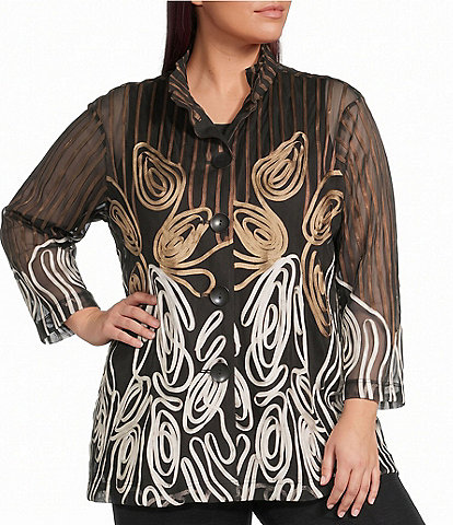 Ali Miles Plus Size Woven Mesh Soutache Embroidered Ribbon Linear Wire Collar 3/4 Sleeve Button Front Jacket