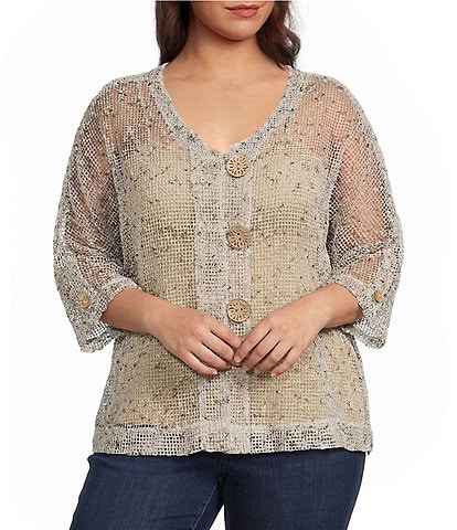 Ali Miles Plus Size Woven Mesh Speckled V-Neck Elbow Length Sleeve Button Front Jacket