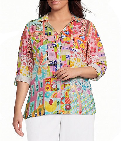 Ali Miles Plus Size Woven Multi Print Point Collar 3/4 Roll-Tab Sleeve Button-Front Shirt