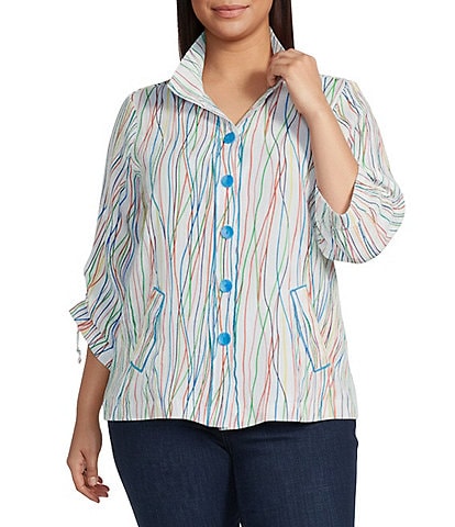 Ali Miles Plus Size Woven Multi Stripe Point Collar 3/4 Cinched Tie Sleeve Button Front Tunic
