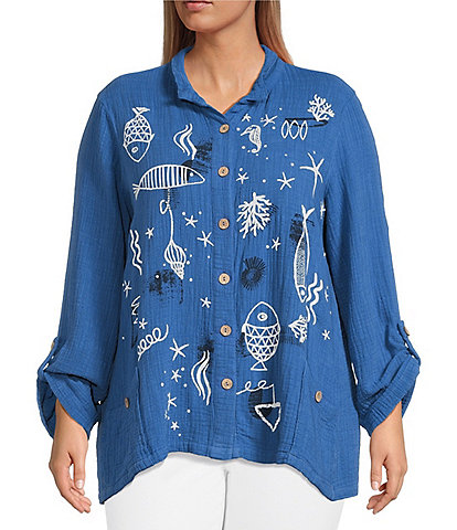 Ali Miles Plus Size Woven Novelty Abstract Fish Print Wire Collar 3/4 Roll-Tab Sleeve Button-Front Tunic
