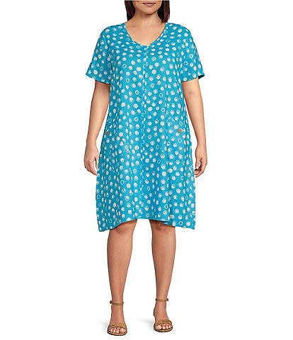 Ali Miles Plus Size Woven Polka Dots Print V-Neck Short Sleeve A-Line Dress