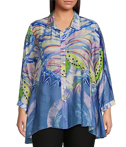 Ali Miles Plus Size Woven Printed Point Collar 3/4 Sleeve Button-Front Tunic