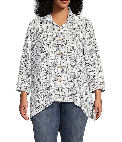 Ali Miles Plus Size Woven Printed Wire Collar 3/4 Roll-Tab Sleeve Hi-Low Hem Blouse