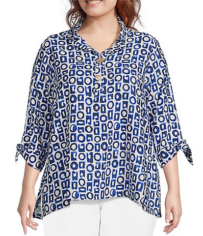Ali Miles Plus Size Woven Printed Wire Collar 3/4 Tie Cuff Sleeve High-Low Hem Tunic