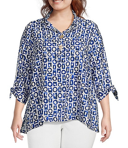 Ali Miles Plus Size Woven Printed Wire Collar 3/4 Tie Cuff Sleeve High-Low Hem Tunic