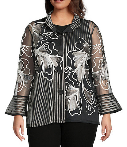 Ali Miles Plus Size Woven Satin Soutache Leaf Stripe Wire Collar 3/4 Sleeve Button-Front Tunic