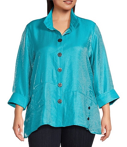 Ali Miles Plus Size Woven Shimmer Stand Ruffle Collar 3/4 Sleeves Button-Front Tunic