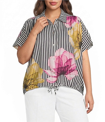 Ali Miles Plus SIze Woven Stripe Floral Point Collar Short Dolman Sleeve Drawstring Hem Button-Front Shirt
