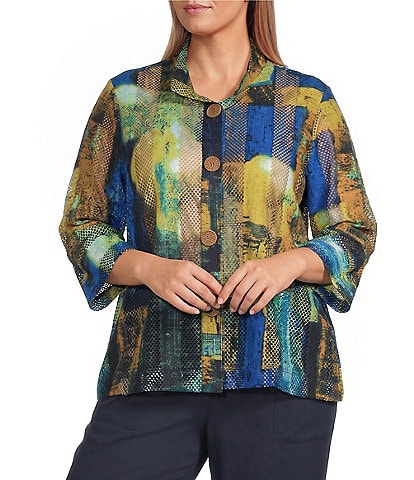 Ali Miles Plus Size Woven Textured Abstract Wire Collar 3/4 Bell Sleeve Button Front Jacket