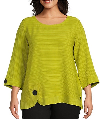 Ali Miles Plus Size Woven Textured Jacquard Scoop Neck 3/4 Sleeve Button Accent Detail Tunic