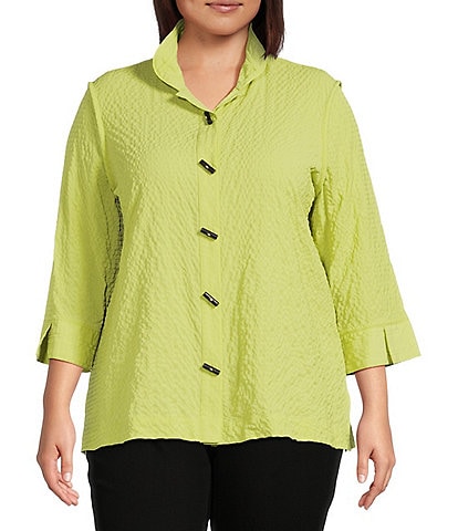 Ali Miles Plus Size Woven Textured Wire Collar 3/4 Sleeve Button Front Tunic