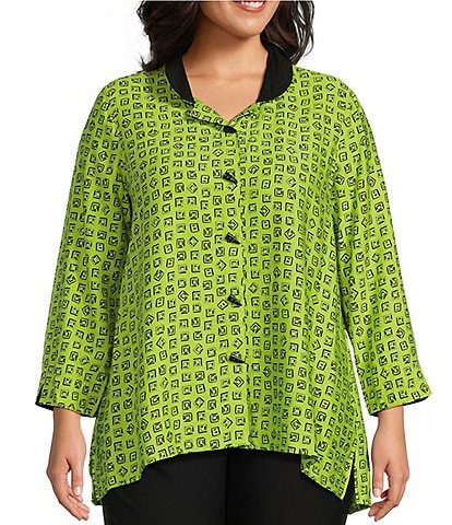 Ali Miles Plus Size Woven Wire Collar 3/4 Sleeve Button-Front Tunic
