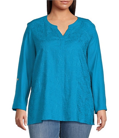 Ali Miles Plus Size Woven Y-Neck Long Roll-Tab Sleeve High-Low Hem Tunic
