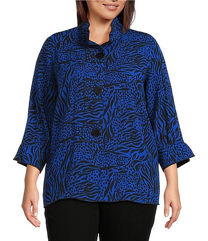 Ali Miles Plus Size Woven Zebra Leopard Print Wire Collar 3/4 Sleeve Button Front Tunic