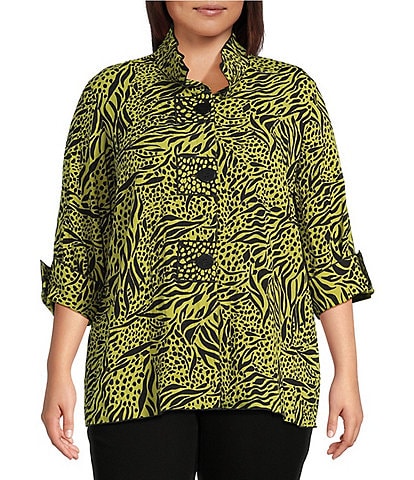 Ali Miles Plus Size Woven Zebra Leopard Print Wire Collar 3/4 Sleeve Button Front Tunic