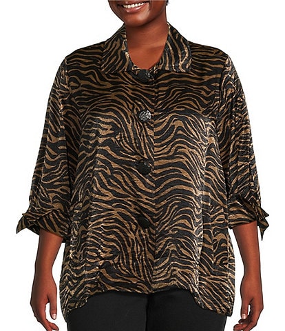 Ali Miles Plus Size Woven Zebra Point Collar 3/4 Cuffed Pleated Sleeve Welt Pocket Button Front Blouse
