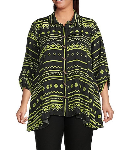 Ali Miles Plus Size Woven Zig-Zag Harmony Print Point Collar 3/4 Roll-Tab Sleeve Asymmetric Hem Button Front Tunic