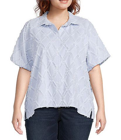 Ali Miles Plus Size Yarn-Dye Clipped Jacquard Printed Point Collar Short Sleeve Button Front Shirt