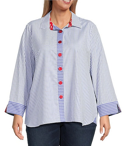 Ali Miles Plus Size Yarn Dye Stripe Point Collar Long Sleeves Hi-Low Hem Tunic
