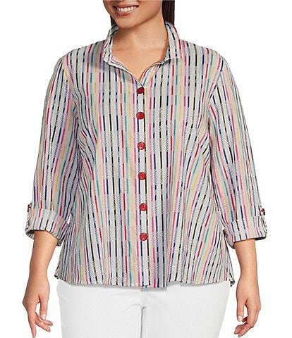 Ali Miles Plus Size Yarn-Dye Textured Stripe Wire Collar Long Roll-Tab Sleeve High-Low Hem Button-Front Tunic