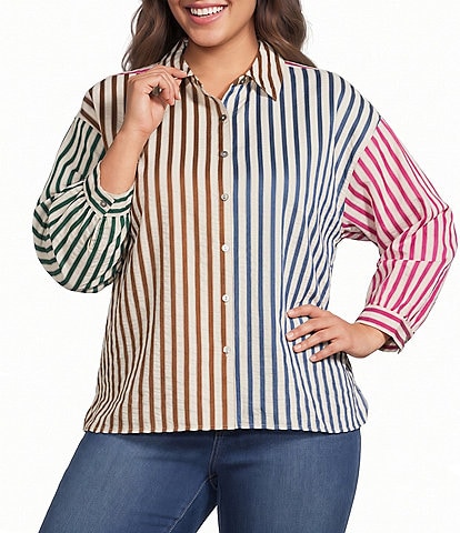 Ali Miles Plus Size Yarn Dyed Multi Colored Stripes Point Collar 3/4 Cuffed Sleeve Button Front Hi-Low Hem Shirt