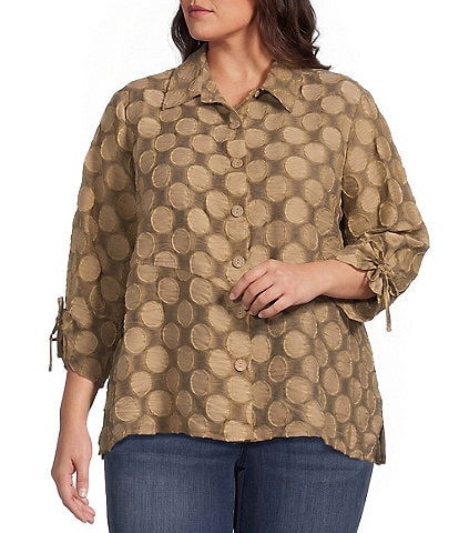 Ali Miles Plus Woven Jacquard Allover Dot Point Collar 3/4 Cinched Sleeve Button Front Shirt