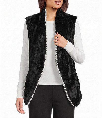 Ali Miles Plush Knit Jacquard Stripe Fold Over Collar Sleeveless Reversible Vest
