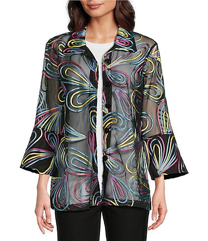 Ali Miles Point Collar 3/4 Sleeve Mesh Soutache Embroidered Jacket