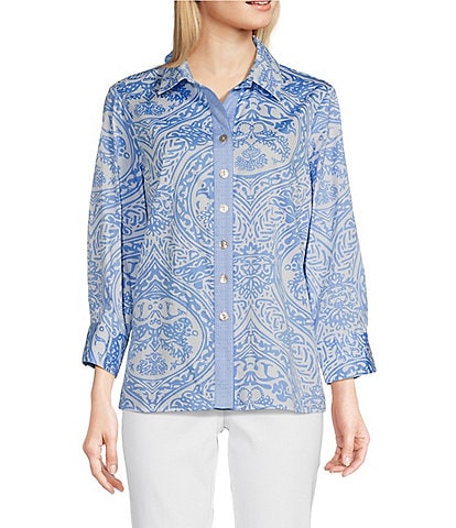 Ali Miles Point Collar 3/4 Sleeves Antique Print Soft Cotton Shirt