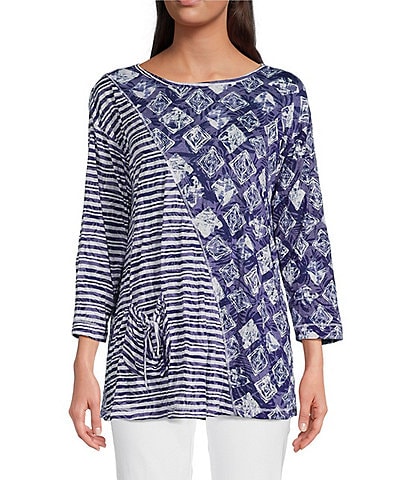 Ali Miles Printed Burnout Crinkle Knit Crew Neck 3/4 Sleeve Tunic