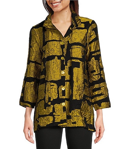 Ali Miles Printed Collared 3/4 Cuffed Sleeve Button Down Jacket