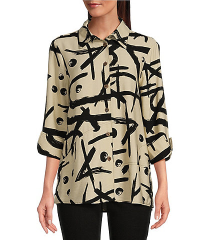 Ali Miles Printed Collared 3/4 Cuffed Sleeve Button Down Top