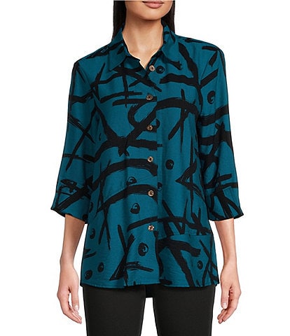 Ali Miles Printed Collared 3/4 Cuffed Sleeve Button Down Top