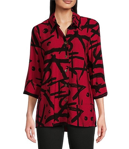 Ali Miles Printed Collared 3/4 Cuffed Sleeve Button Down Top