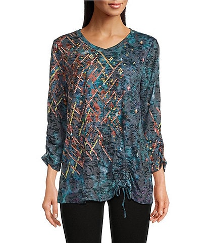 Ali Miles Abstract Print Crinkle Burnout Knit V Neckline Drawstring Front 3/4 Sleeve Tunic