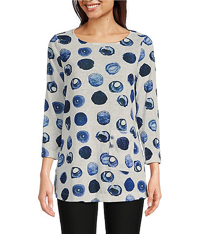 Ali Miles Printed Knit Round Neck 3/4 Sleeve Patch Pocket Tunic