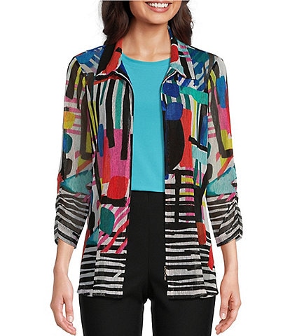 Ali Miles Printed Mesh Stand Collar Long Sleeve Zip Front Jacket