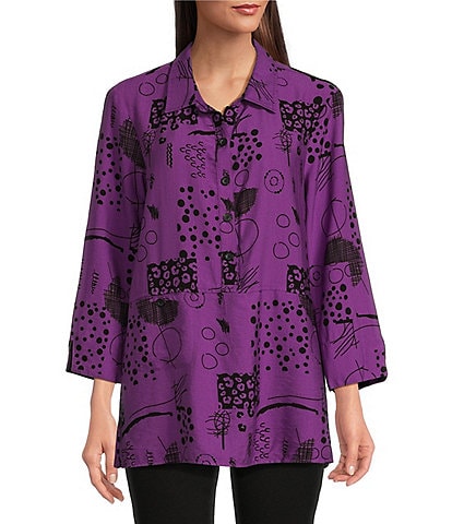 Ali Miles Printed Point Collar 3/4 Sleeve Button Down Top