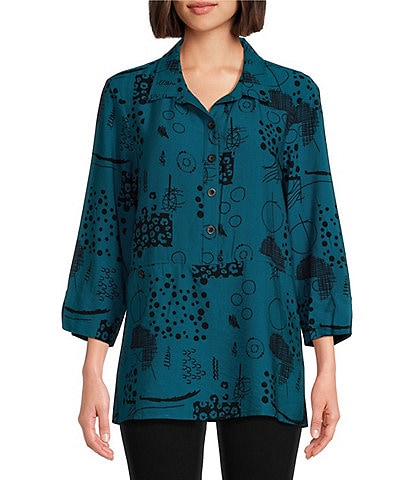 Ali Miles Printed Point Collar 3/4 Sleeve Button Down Top