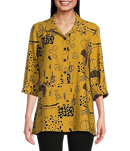 Ali Miles Printed Point Collar 3/4 Sleeve Button Down Top