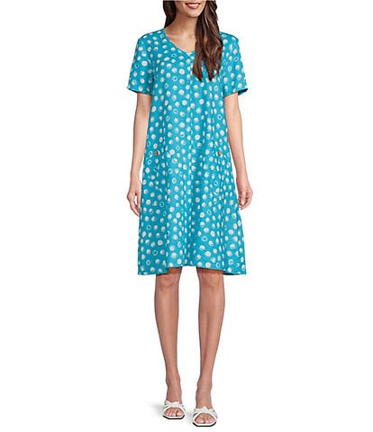 Ali Miles Printed Polka Dot Woven V-Neck Short Sleeve A-Line Dress