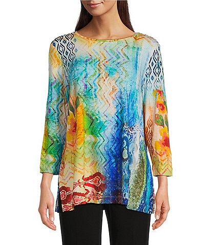 Ali Miles Knit Abstract Print Boat Neck 3/4 Sleeve Top